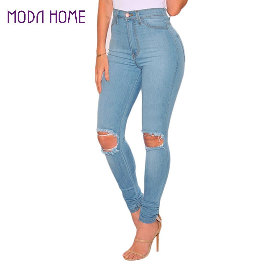 Women Washed Jeans Denim Destroyed Frayed High Waist Jeans Hole Zipper Pocket Pants Skinny Pencil Trousers Plus Size S-XXXL SM6