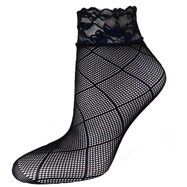 21Colors Fashion Transparent Fishnet Socks Women Lace Nylon Hollow Out Ankle Length Short Socks Ladies Calcetines De Mujer #03 SM6