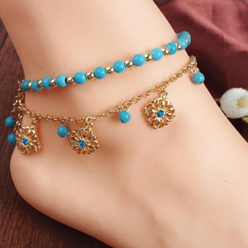 2Pcs Punk Boho Turquoise Beads Anklets Gold Plated Tassels Bracelet Womens Foot Chain Anklet Bracelet Foot Jewelry for women SM6