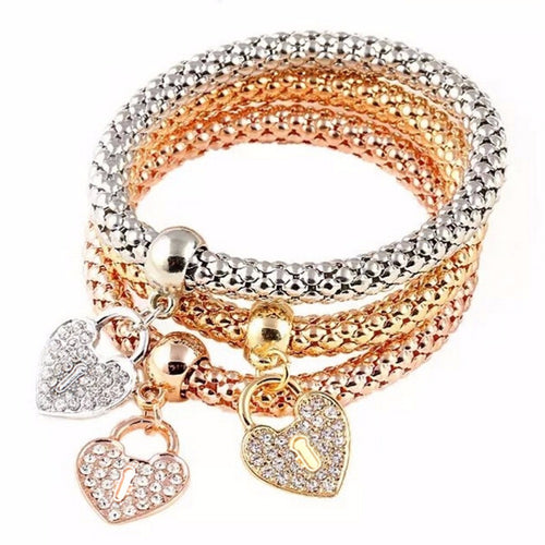 3Pcs Gold Filled Heart Charm Elastic Bracelets For Womens Bracelet Cute Multilayer Bangles SM6
