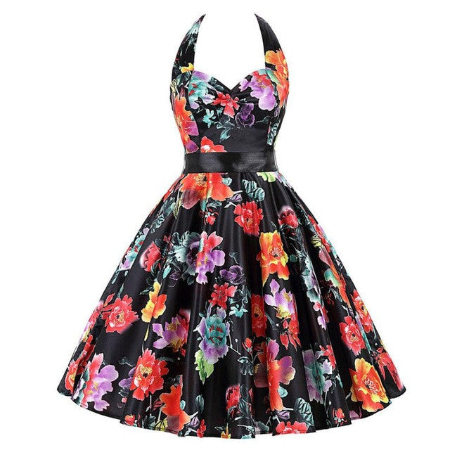 50S Dress Printing Floral Off Shoulder Retro Dress Bow Belt Slim A-Line V Neck Short Summer Dress Meeting Vestidos Cortos#B715 SM6