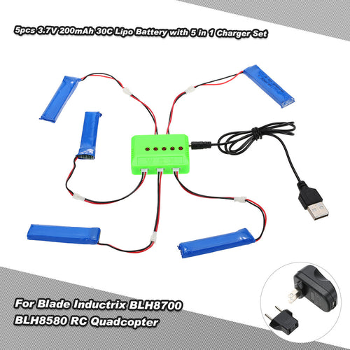 5pcs 37V 200mAh 30C Upgrade Lipo Battery with 5 in 1 Charger Set for Blade Inductrix Tiny Whoop BLH87008580 RC DroneQuadcopter SM6