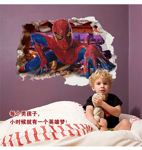 60*90cm 3d boys Dream spiderman through wall sticker removable kids wall decals children bedroom wall art decor SM6