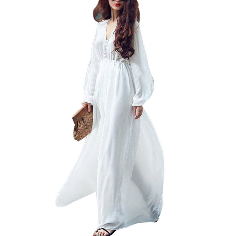 Women White Boho Evening Party Long Maxi Beach Dress Chiffon Sundress SM6