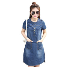 Women O-neck Short Sleeve Plus Size A Line Denim Dress Slim Casual Office Denim Jeans Dress Vestidos Robe SM6