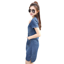 Women O-neck Short Sleeve Plus Size A Line Denim Dress Slim Casual Office Denim Jeans Dress Vestidos Robe SM6