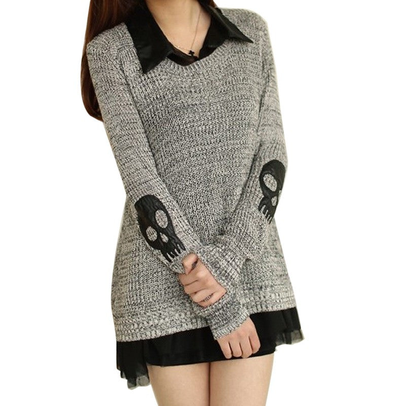Women Sweater Fashion Casual Skull Print Work Office Pullover Loose Knitted Sweaters SM6