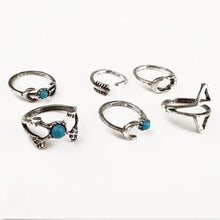 6PCS Vintage Turkish Beach Punk Moon Arrow Ring Set Ethnic Carved Silver Plated Boho Finger Rings SM6