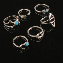6PCS Vintage Turkish Beach Punk Moon Arrow Ring Set Ethnic Carved Silver Plated Boho Finger Rings SM6
