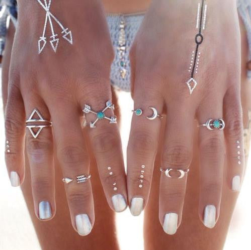 6PCS Vintage Turkish Beach Punk Moon Arrow Ring Set Ethnic Carved Silver Plated Boho Finger Rings SM6