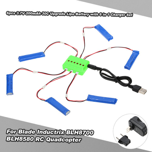 6pcs 37V 200mAh 30C Upgrade Lipo Battery with 6 in 1 Charger Set for Blade Inductrix Tiny Whoop BLH87008580 RC DroneQuadcopter SM6