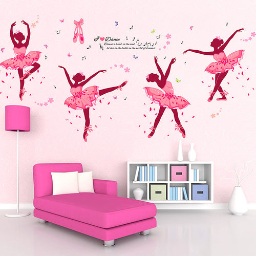 90*60cm Four Pink Girls Dancing Ballet DIY Wall Sticker Butterfly Wall Decal Home Decor Ballet Studio Dance Studio Training room SM6