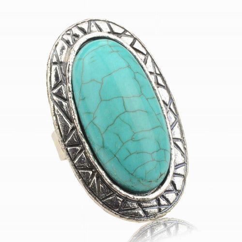 Adjustable Rings Women JewelryVintage Look Tibetan Women Alloy Antique Blue Oval Turquoise Rings SM6