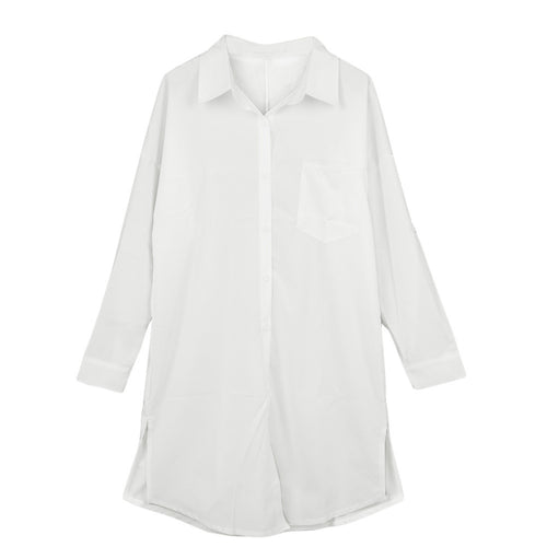 Antumn Women Casual Blouses Front Pocket Side Slit Turn-Down Collar Shirt Long Sleeve Women Tops Plus Size Blusas SM6