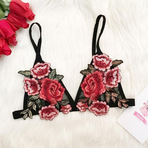 Appliques Embroidery Floral Tank Tops Women  Sexy Unpadded Strap Lace Sheer Cropped Bralette Triangle Bustier Crop Top #63 SM6