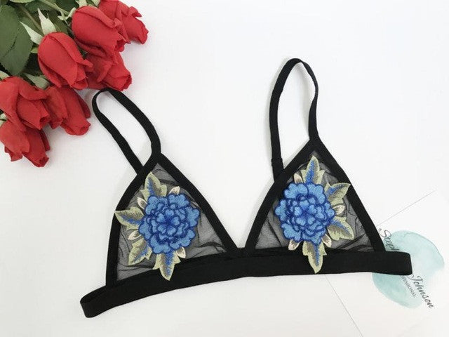 Appliques Floral Lace Bra Sexy Mesh Transparent Women Bustier Bra Bralette Crop Tops Sujetador Encaje Floral#0521 SM6