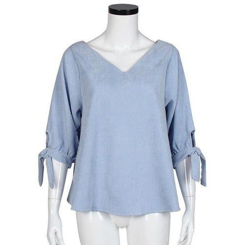 Autumn 2016 Women Korean Striped V-neck Loose Tops Ladies Office Shirts Casual Blouse Femme Toyouth#D823 SM6