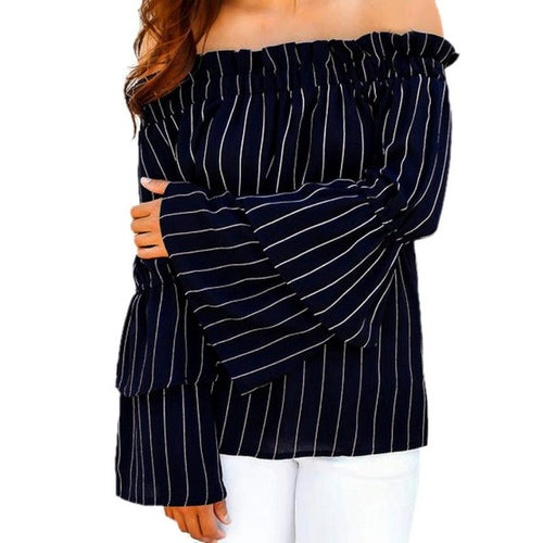 Bluses Women Sexy Off Shoulder Tops Female Slash Neck Striped Casual Loose Long Sleeve Shirts Women Blusa SM6