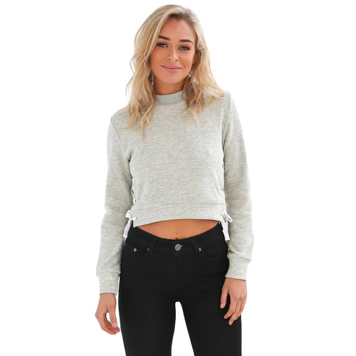 Chic Lace Up Sweatshirt Women Tops V neck Ladies Sweatshirt Warm Hoodies Gray Crop Top Long Sleeve Girls GreyPink Shirt SM6