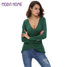 T Shirt Women Solid Deep V-Neck Tees Asymmetrical Hem Long Sleeve Pull Slim Fit Sexy Tops Camisas Femininas  SM6