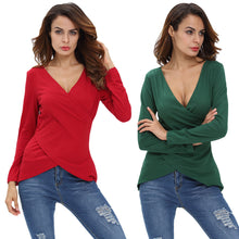 T Shirt Women Solid Deep V-Neck Tees Asymmetrical Hem Long Sleeve Pull Slim Fit Sexy Tops Camisas Femininas  SM6