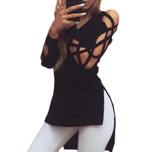 Women V Neck T-Shirt Low Cut Crisscross Hollow Out Camisas Femininas Strappy Sleeve Split High Low Hem Tops SM6
