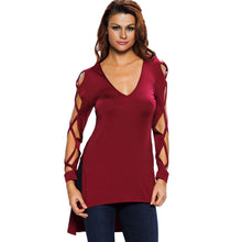 Women V Neck T-Shirt Low Cut Crisscross Hollow Out Camisas Femininas Strappy Sleeve Split High Low Hem Tops SM6