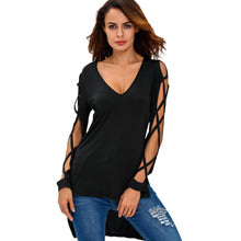 Women V Neck T-Shirt Low Cut Crisscross Hollow Out Camisas Femininas Strappy Sleeve Split High Low Hem Tops SM6