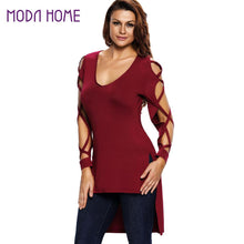 Women V Neck T-Shirt Low Cut Crisscross Hollow Out Camisas Femininas Strappy Sleeve Split High Low Hem Tops SM6