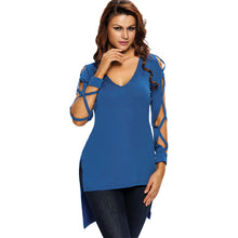 Women V Neck T-Shirt Low Cut Crisscross Hollow Out Camisas Femininas Strappy Sleeve Split High Low Hem Tops SM6