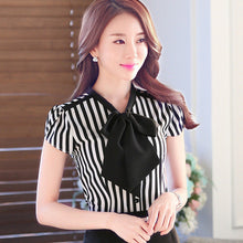 Autumn New Shirt Fashion Short Sleeve Casual Plus Size Female Women Stripped Blouse Bow Collar Plus Size Tops With Button 71610 SM6