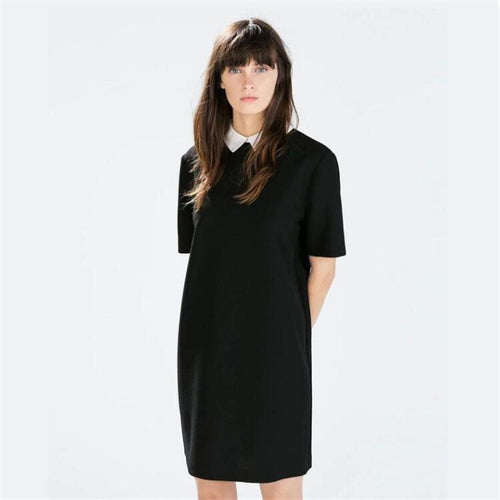 Autumn New Women Square Cololar Dress Black Short Sleeve Plus Size Straight Preppy Style Solid Vestidos 70034 SM6