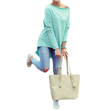 Off The Shoulder Top Sexy Asymmetric Hem T Shirt Woman Blue Loog Sleeve Tee Shirt Ladies Slash Neck Top SM6