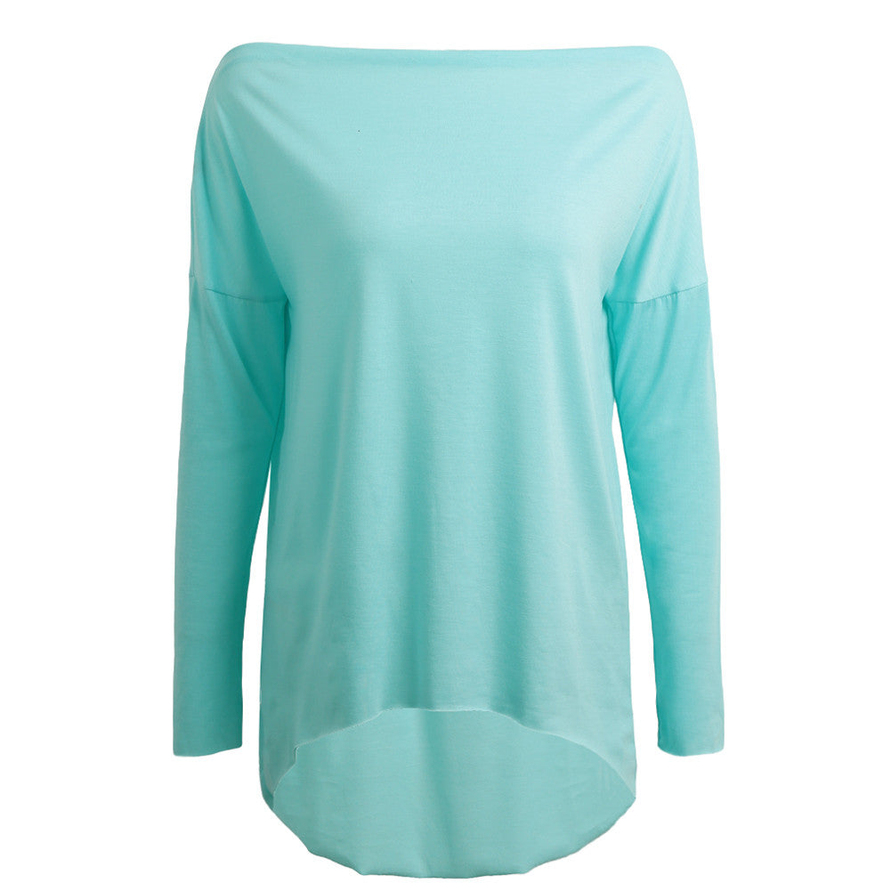 Off The Shoulder Top Sexy Asymmetric Hem T Shirt Woman Blue Loog Sleeve Tee Shirt Ladies Slash Neck Top SM6