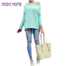 Off The Shoulder Top Sexy Asymmetric Hem T Shirt Woman Blue Loog Sleeve Tee Shirt Ladies Slash Neck Top SM6