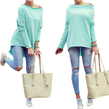 Off The Shoulder Top Sexy Asymmetric Hem T Shirt Woman Blue Loog Sleeve Tee Shirt Ladies Slash Neck Top SM6