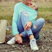 Off The Shoulder Top Sexy Asymmetric Hem T Shirt Woman Blue Loog Sleeve Tee Shirt Ladies Slash Neck Top SM6