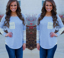 long-sleeved t shirt casual sexy lace pocket women Crochet t shirt  Knitted Slim Top t-shirt plus size SM6
