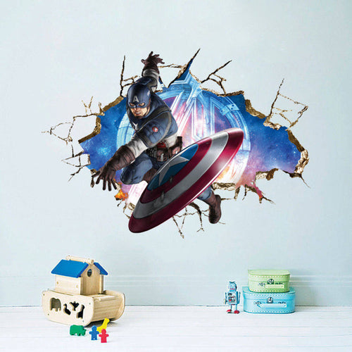 Avengers 3D Through Wall Stickers Decals Art for kids room living room Nursery Captain America WallPaper Cartoon Poster PVC & SM6