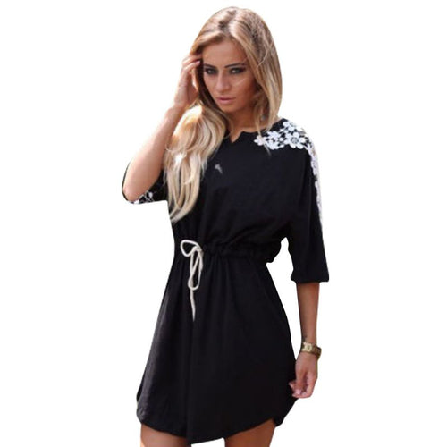 BOHO Women's Casual Short Shirt Dress Belted Short Sleeve V-Neck Beach Dresses SM6