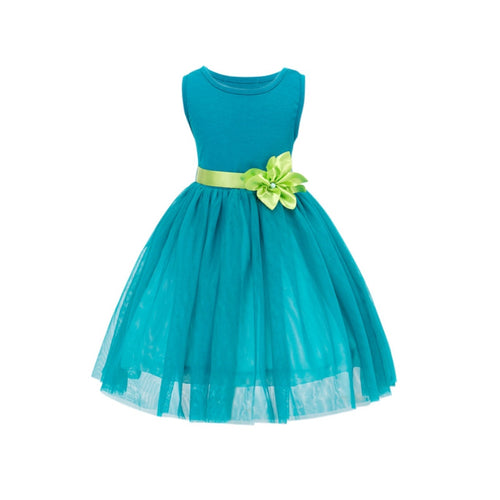 Baby Girl Princess Dress Dreamlike Lake Blue Sleeveless Green Floral Belt Dress Wedding Party Birthday Clothes SM6