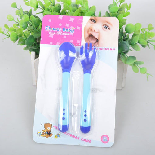 Baby Heat Sensing Thermal Feeding Fork Spoon Kids Weaning Soft Silicone Head 2 Pieces SM6