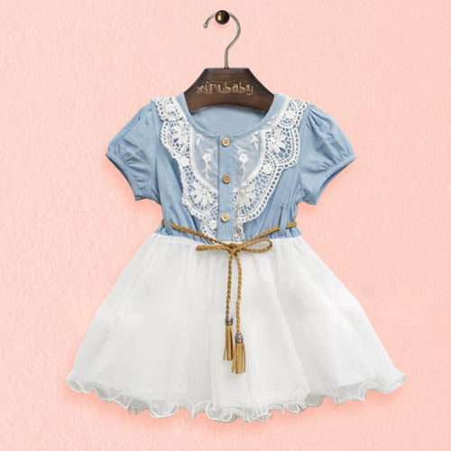 Baby Kids Girl Short Sleeve Denim Lace Dresses Tops White Guaze Children Tutu Dress Sundress 1-6Y  SM6