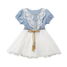 Baby Kids Girl Short Sleeve Denim Lace Dresses Tops White Guaze Children Tutu Dress Sundress 1-6Y  SM6