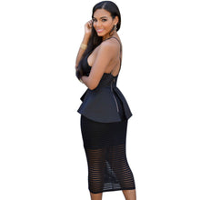 Back Crossover Sleeveless Black Peplum Dress See Through Knee Length Partchwork Floral Lace Dress Robe Moulante Sexy Vestidos SM6