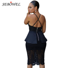 Back Crossover Sleeveless Black Peplum Dress See Through Knee Length Partchwork Floral Lace Dress Robe Moulante Sexy Vestidos SM6