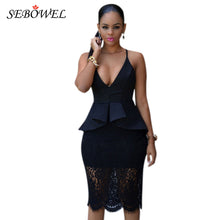 Back Crossover Sleeveless Black Peplum Dress See Through Knee Length Partchwork Floral Lace Dress Robe Moulante Sexy Vestidos SM6