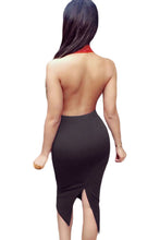 Back-slit Halter Black Lace Top Paneled Pu Leather Dress Sexy Bodycon Dress Club Wear Deep v Neck  Lace Midi Dress SM6