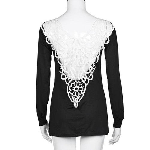 Backless Women Top Sexy Black Lace Hollow Out Blouse Long Sleeve Casual Loose Blouse Ladies Autumn Outwear Roupa Feminina#C928 SM6