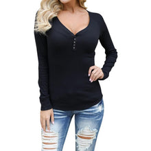 Balck White Button T-shirts Women Casual Slim Long Sleeve Basic   Tee Shirt Femme V Neck Women Tops Tees #1207 SM6